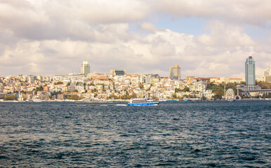 Fototapeta premium Ferry on the Bosphorus strait, view of coastline of İstanbul