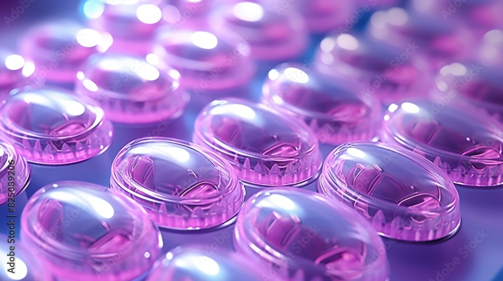 Poster a row of pink plastic spheres with a reflective surface. the spheres are arranged in a pattern and a