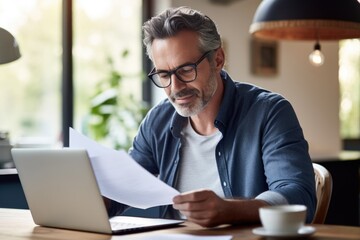 A man wearing glasses is sitting at a desk with a laptop and a piece of paper. He is reading the paper and he is focused on the content. The scene suggests a moment of concentration or contemplation