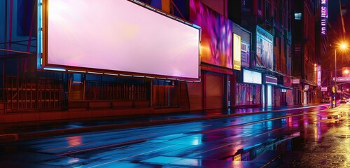A reflective blank billboard on a neon-lit street, its shiny surface mirroring the colorful nightlife and creating an intriguing visual for an upcoming advertisement.