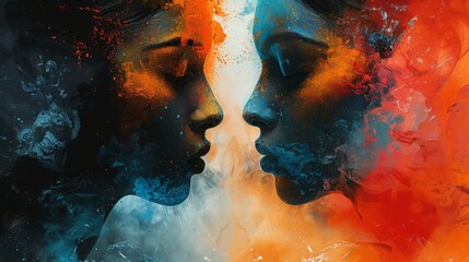 A conceptual illustration representing the love-hate paradox, featuring abstract forms and bold colors. The artwork should emphasize the dynamic interplay between opposing emotions, creating a