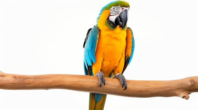 Colorful blue and yellow macaw parrot perched on branch isolated on white background