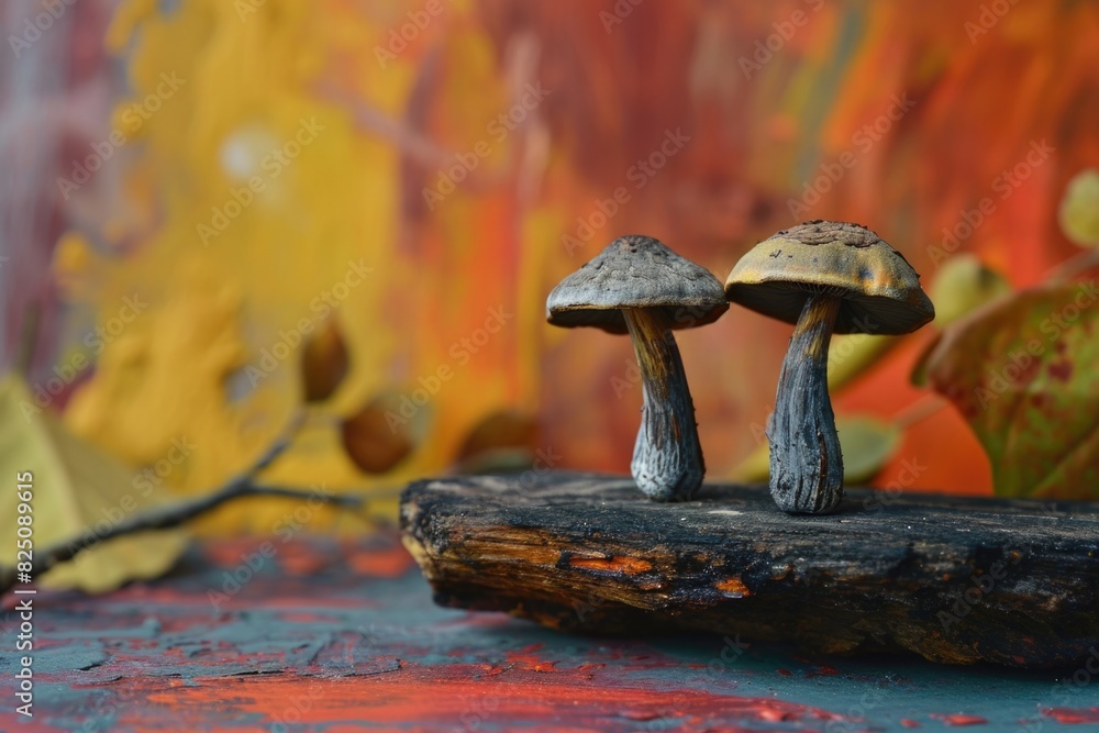 Poster two mushrooms are sitting on a log. the mushrooms are brown and have a shiny appearance. the log is 