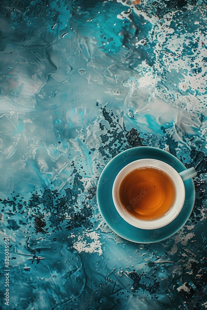 Poster a cup of tea sits on a blue table with a splash of color. the image has a calming and relaxing mood,