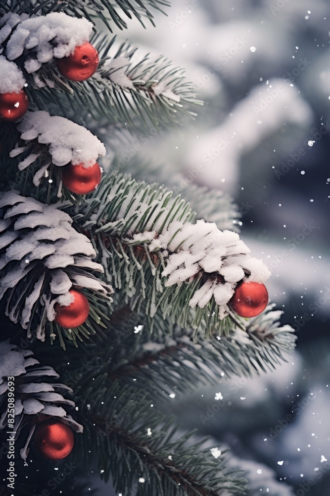Poster a christmas tree with red balls on it. the tree is covered in snow and the balls are hanging from th