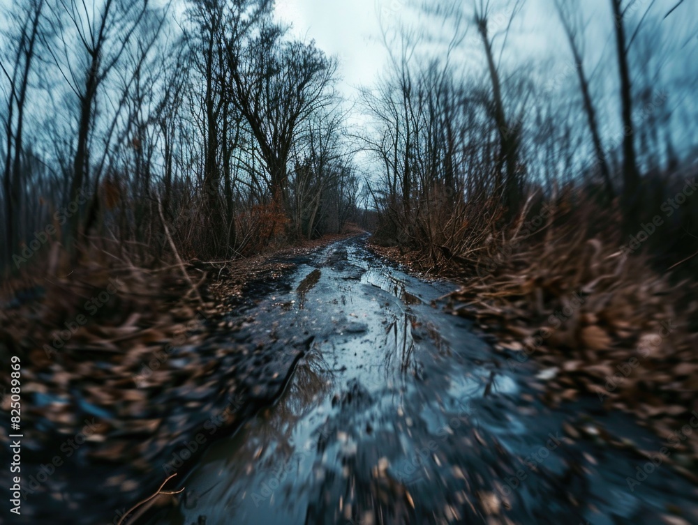 Poster a blurry image of a forest path with a stream of water running through it. scene is serene and peace