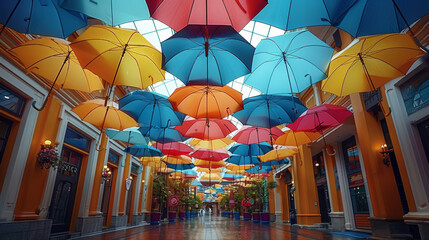 Hang multiple umbrellas in different colors and sizes overhead, creating a colorful ceiling that adds cheerfulness and dynamism. Generative AI.