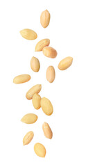 Many peanuts in air on white background
