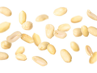 Many peanuts in air on white background