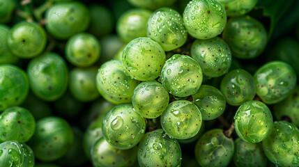 Close-up of green grape vines with fresh water droplets