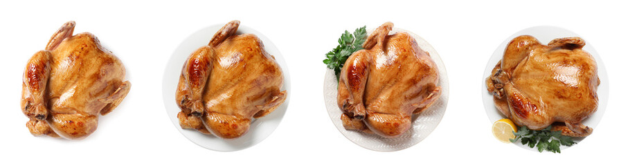 Set of delicious roasted chickens isolated on white, top view