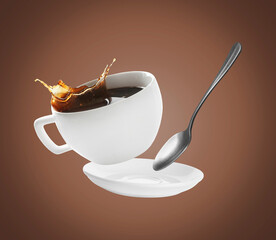 Cup of coffee, saucer and spoon in air on brown background