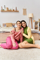Two pretty teenage girls in casual attire sit on the floor hugging each other in a heartwarming display of friendship and companionship.