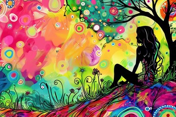 A young woman basking in a psychedelic dreamscape, surrounded by swirling flowers and trees in vibrant hues.