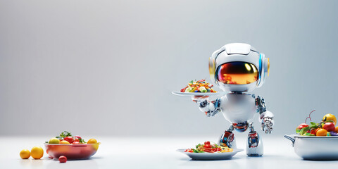 3D ai robot cooking food concept with light background