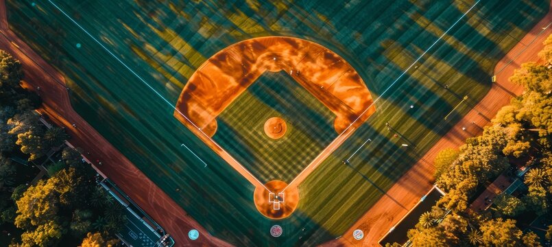 Detailed aerial view showcasing the layout of a baseball field from a bird s eye perspective