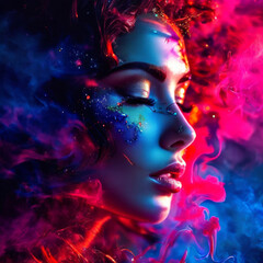 Mysterious blurry face among bright red and blue swirls: the mystery of abstract art