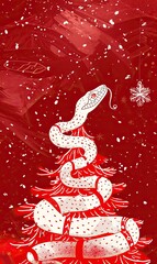 Obraz premium A stylized snake coils around a Christmas tree on a red snowy background