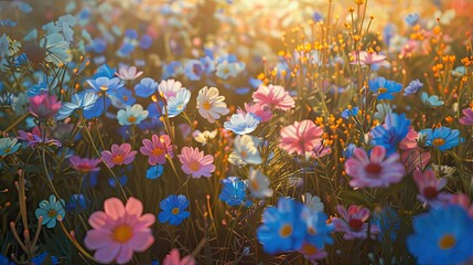 A vibrant field of colorful flowers basking in the warm glow of the sunset