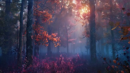 A magical forest at dawn, where the leaves on the trees glow in various colors and the ground is covered in mist