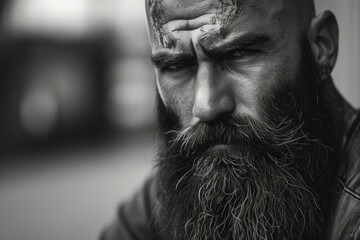 Close-up of a rugged bearded man with a thoughtful, intense stare in monochrome