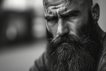 Fototapeta premium Close-up of a rugged bearded man with a thoughtful, intense stare in monochrome
