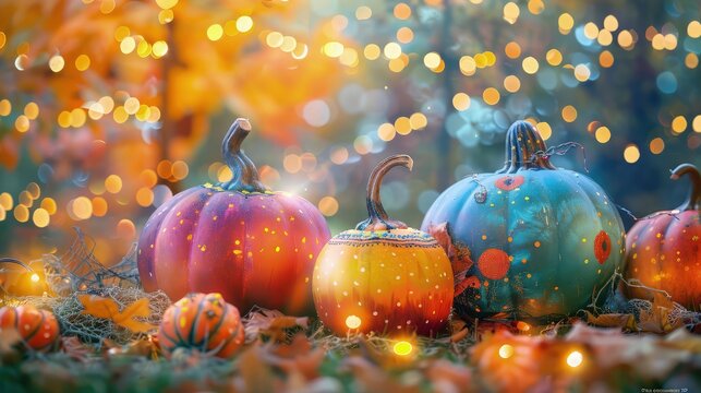 A group of vibrant orange pumpkins arranged together on a shiny, glittering gold background, with each pumpkin reflecting the sparkling light around it.