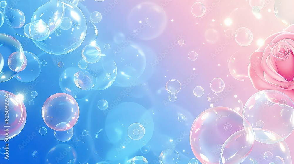 Poster a vibrant background with a gradient transitioning from blue to pink, filled with shiny, reflective 