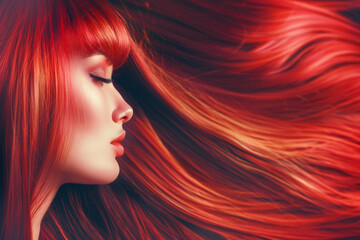 Beautiful woman with straight long shiny red hair. Beauty and hair care concept