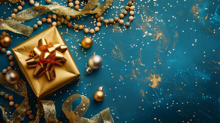 Fototapeta premium Elegant top-down view of a christmas-themed setup featuring a golden gift, baubles, and shimmering ribbons on a blue backdrop