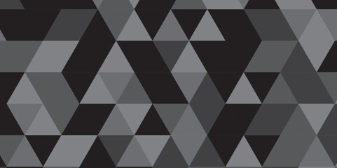 	
Abstract geometric black and gray background seamless mosaic and low polygon triangle texture wallpaper. Triangle shape retro wall grid pattern geometric ornament tile vector square element.