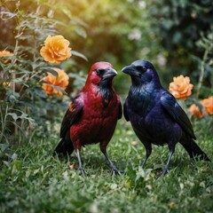 Fototapeta premium colored crow in the flowers in garden 