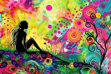 Obraz premium Lost in a daydream of vibrant colors, a girl rests on the ground, enveloped by a psychedelic world of swirling flowers and trees