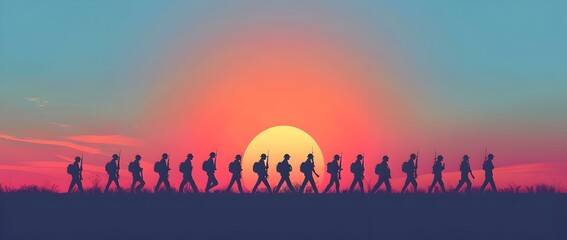 Naklejka premium Minimalist Memorial Day Background with Marching Veteran Silhouettes Against Sunset