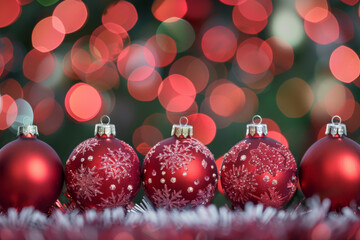 Red christmas ornaments lined up with intricate patterns, set against a vibrant red and green bokeh light backdrop for holiday spirit