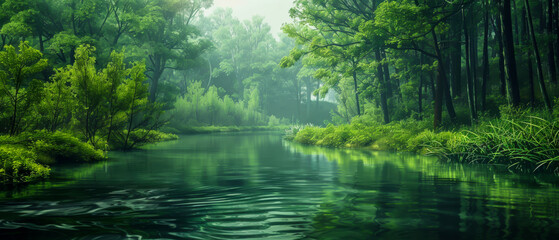 Fototapeta premium A lush green forest with a river running through it