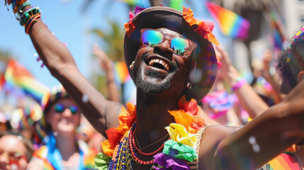 Obraz premium A man in a rainbow outfit is smiling and holding a flag