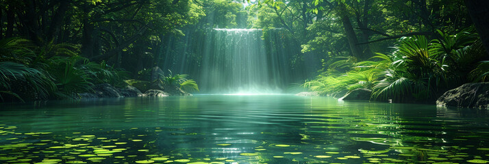 Amidst the rainforest, a majestic waterfall cascades, embodying nature's pure beauty and tranquil essence.
