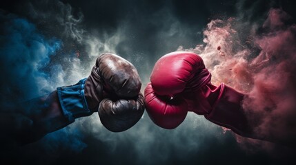 Intense clash  close up of two men in red and blue boxing gloves fighting on dark misty background
