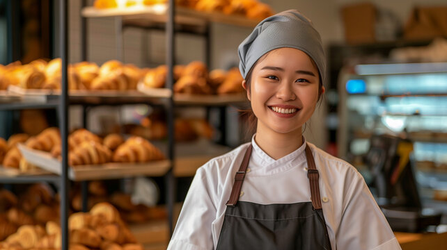 Asian baker holding bakery tray happy small bakery shop concept