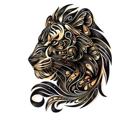 illustration of a lion's head in profile in ethno style,