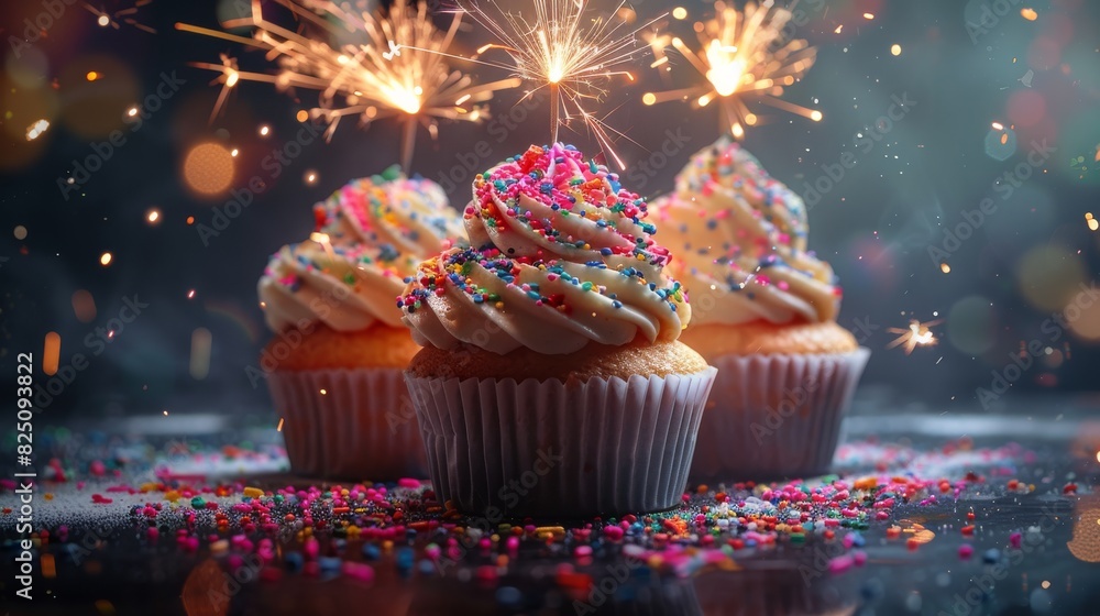 Poster conceptualize baked goods that emit colorful sparks when bitten into. generative ai.