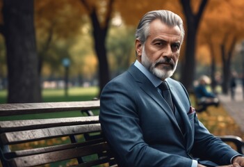 Fototapeta premium Middle-aged man in a suit sits on a bench 