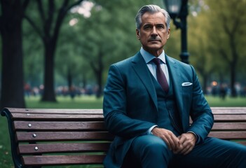 Fototapeta premium Middle-aged man in a suit sits on a bench 