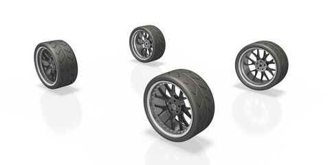 3d , vier Räder eines Autos mit Sportbereifung auf transparenten Hintergrund freigestellt.