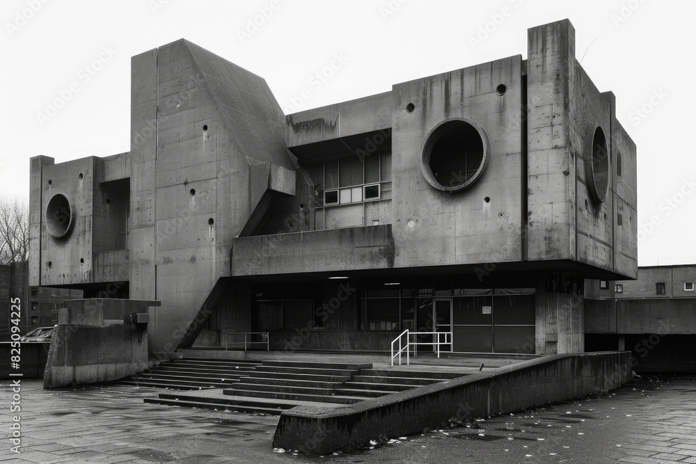 Poster exploring the imposing and unique brutalist architecture in monochrome through stark black and white