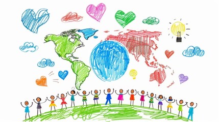 Children Holding Hands Around World with Colorful Hearts and Earth in Background. Diversity and Unity Concept Illustration