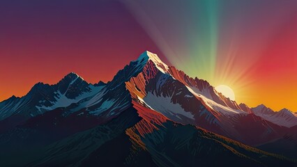 Fiery sunset paints the snow-capped peaks of a majestic mountain range