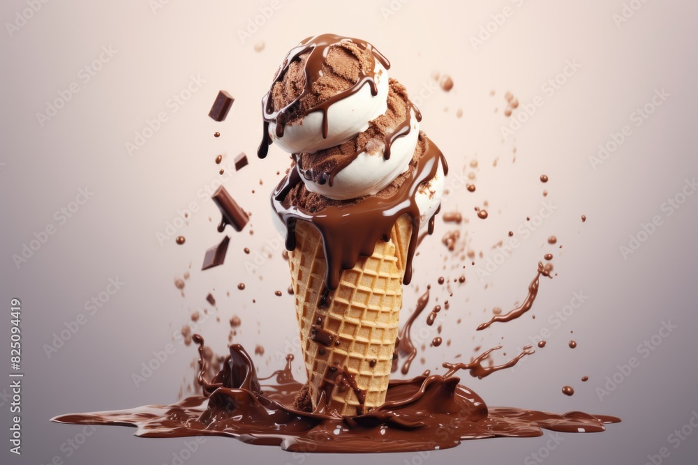 Aufkleber a chocolate ice cream cone with chocolate drizzle on top. the ice cream is melting and dripping down