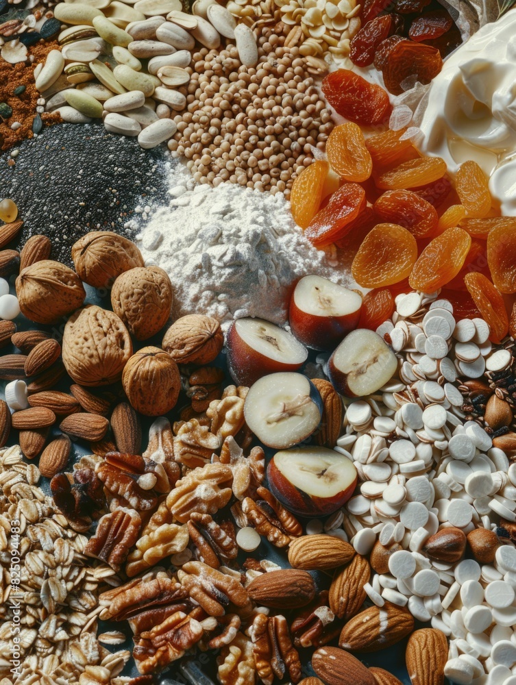 Poster a variety of nuts and seeds are spread out on a table. concept of abundance and variety, as there ar